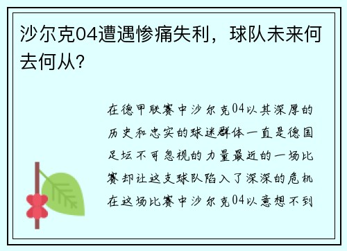 沙尔克04遭遇惨痛失利,球队未来何去何从?